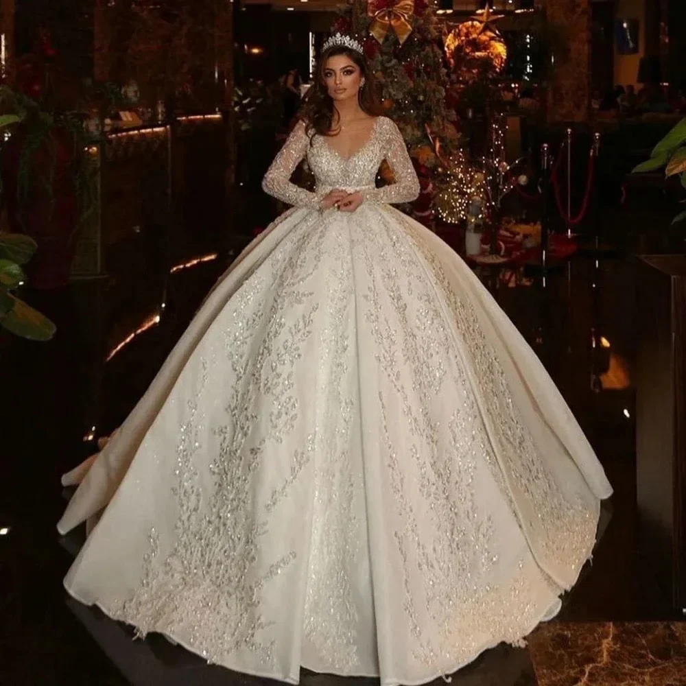 

Индивидуальные роскошные свадебные платья с длинными рукавами Amanda Novias Official, свадебное платье с блестящими пайетками и аппликациями, Vestidos De Novia