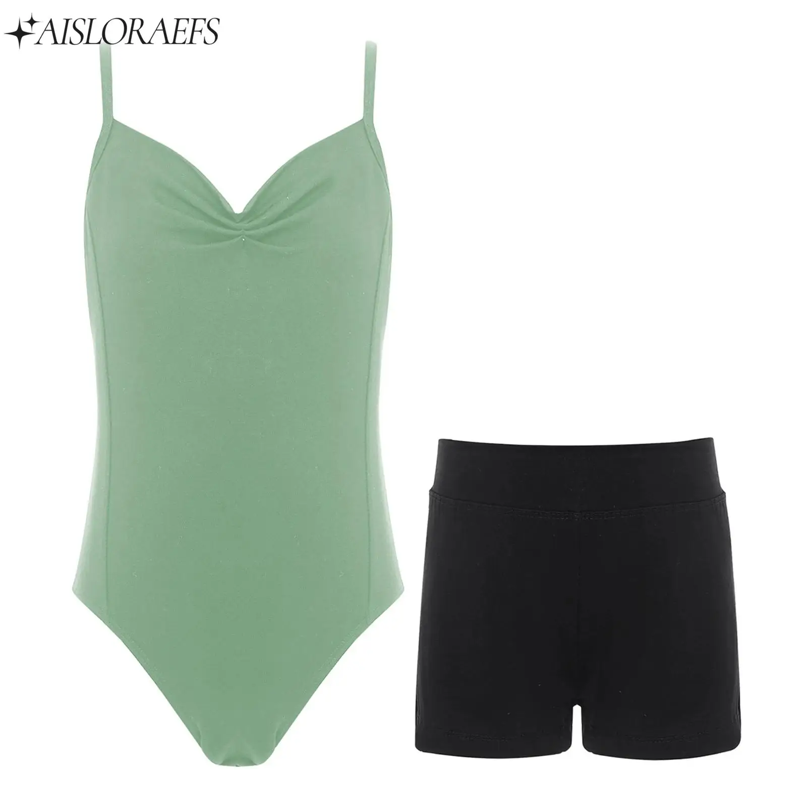 

Children Girls Sleeveless Gymnastics Athletics Outfit Figure Skating Ballet Dance Costume Ruched Leotard+Shorts Dancewear Set