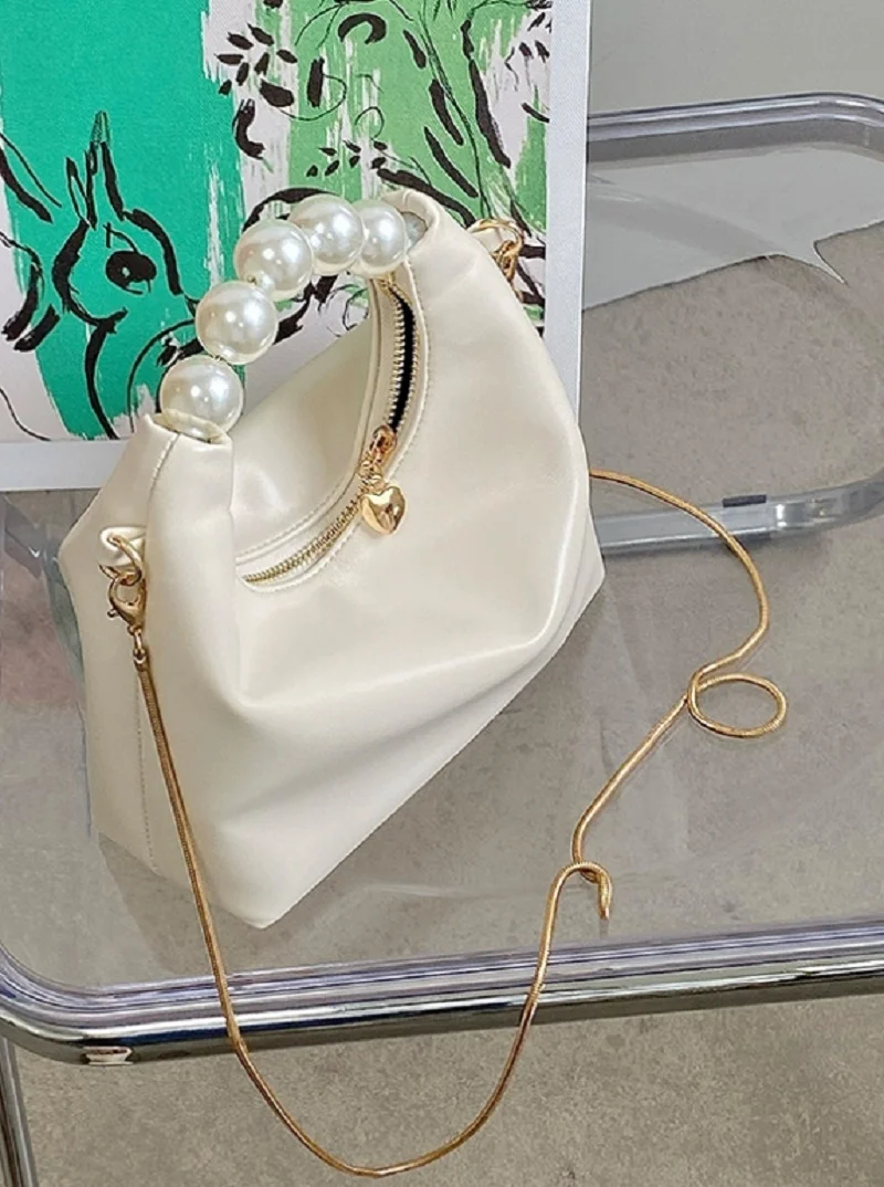 Bolso de mano pequeño con asa de perla para mujer, bandolera de hombro con cadena a la moda, Color sólido