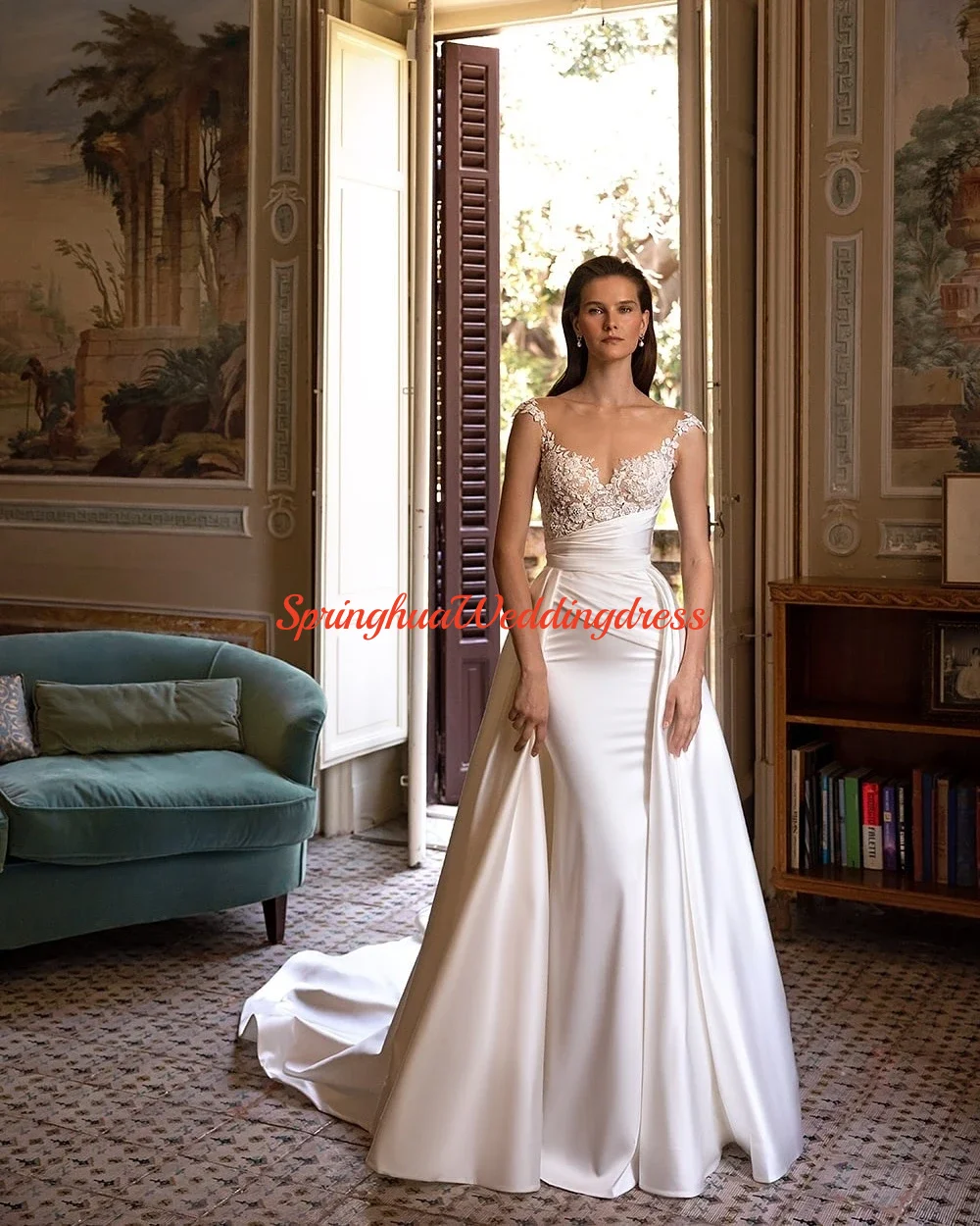 

Customized Elegant Satin Wedding Dresses Mermaid Scoop Draped Detachable Train Bride Prom Gown Lace Appliques Bridal Gowns