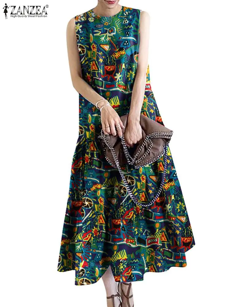 ZANZEA Vintage Printed Dresses Summer Women O Neck Sleeveless Sundress Stylish Work Dress Bohemian Holiday A Line Loose Vestidos
