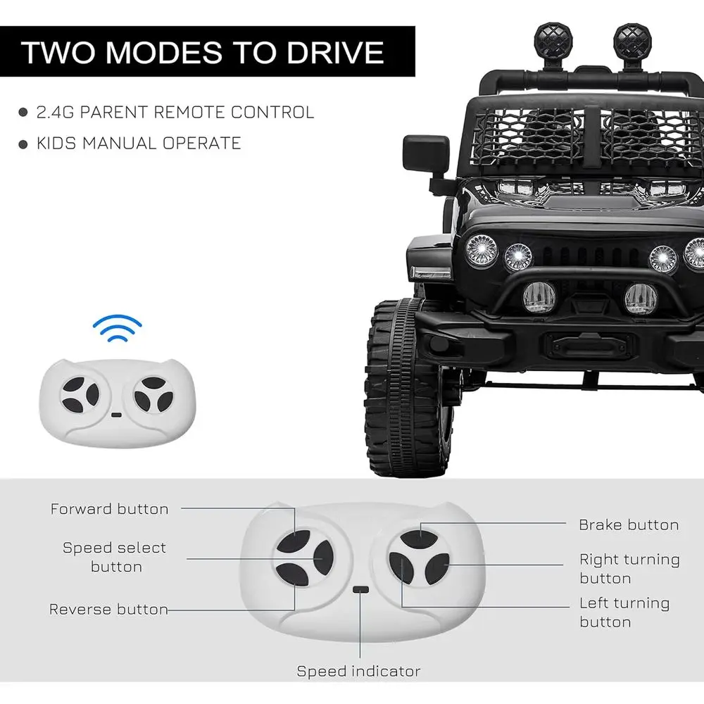 Camion da corsa per bambini 12V con telecomando per genitori, auto elettrica alimentata a batteria con sospensione a molla, velocità regolabile, nero