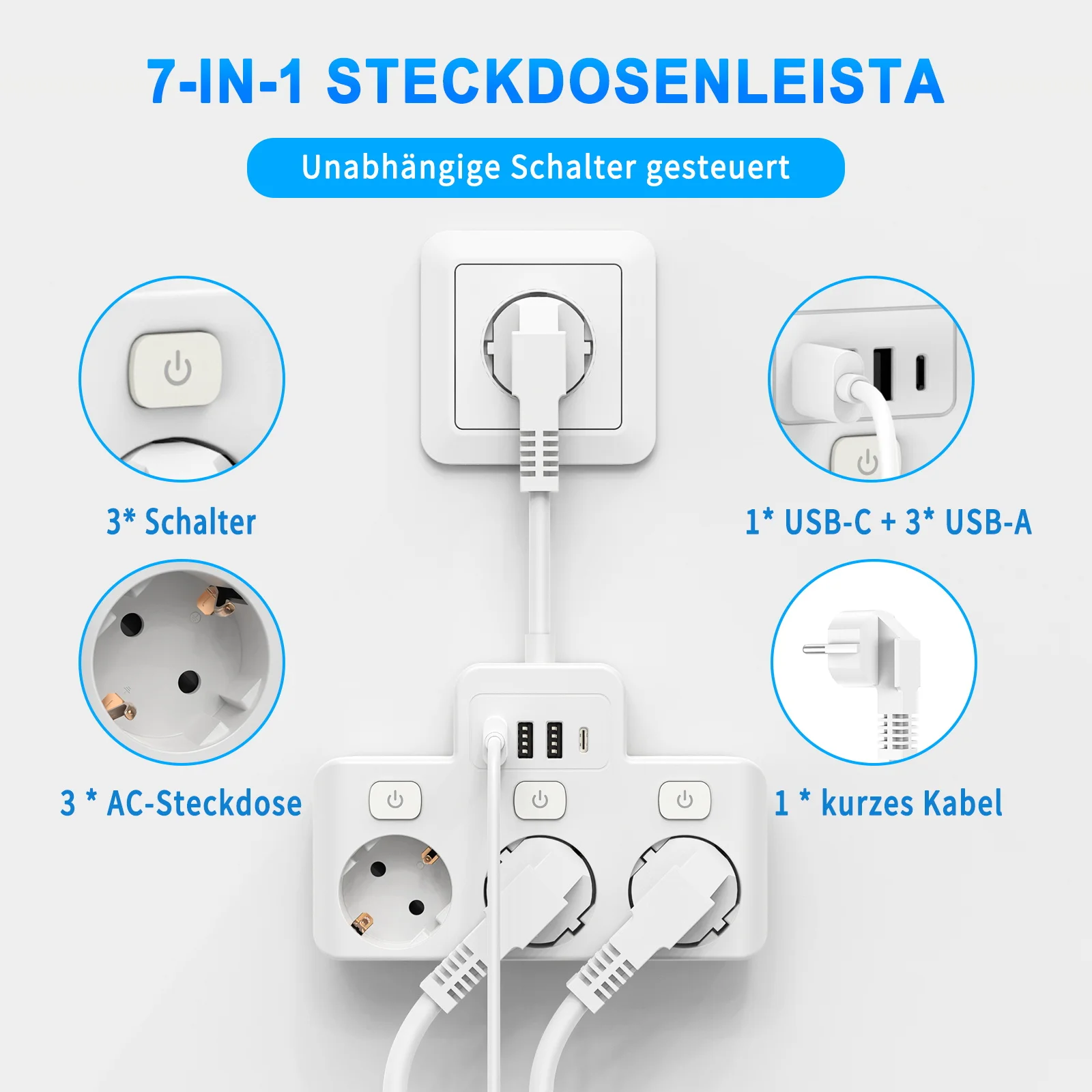 3 Way European Sockets Power Strip with Individual switch, Multiple Plugs Electrical Outlets USB Wall Socket 1 USB C for Home