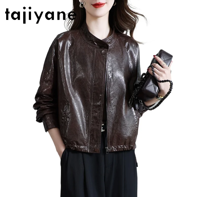 เสื้อแจ็คเก็ตหนังแกะแท้ 100% ยี่ห้อ TAJIYANE สำหรับผู้หญิง รุ่นสั้น เสื้อโค้ทหนังแท้คุณภาพพรีเมียม คอลเลคชั่นฤดูใบไม้ร่วง 2025 เสื้อผ้าผู้หญิง