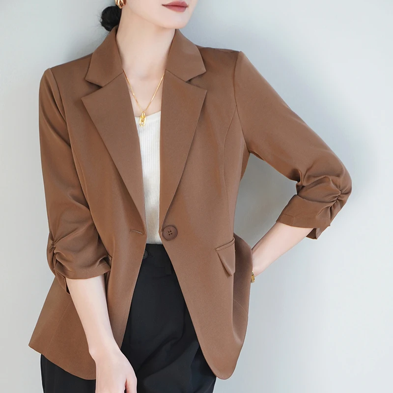

Весенне-летний атласный повседневный жакет для женщин, элегантный тонкий пиджак с рукавом три четверти, новый модный блейзер на одной пуговице