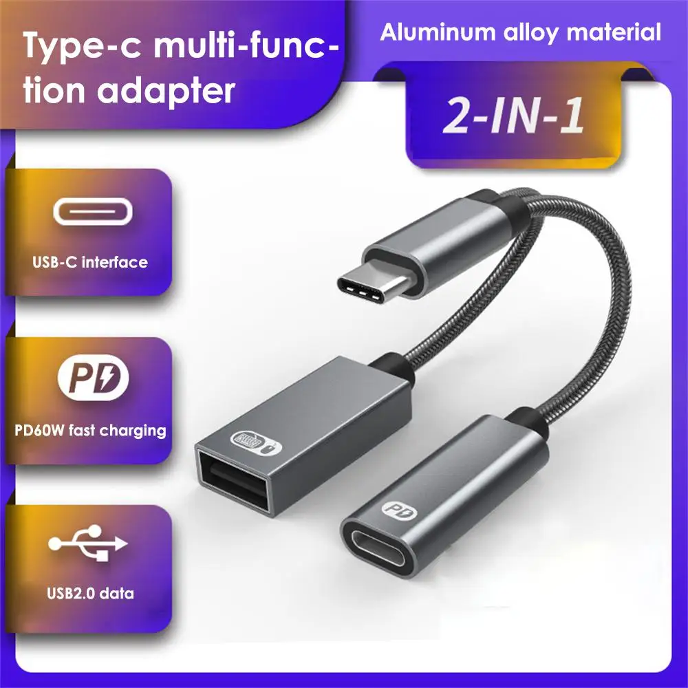 1/3PCS 2 In 1 USB C OTG Cable Adapter Type-C Male To USB-C Female 60W PD Fast Charging With USB Female Splitter Adapter