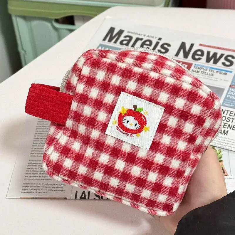 

Kawaii Hellokitty Red Plaid Cosmetic Bag Mini Lipstick Camera Storage Bag Large Capacity Portable Women Travel Sundry Organizer