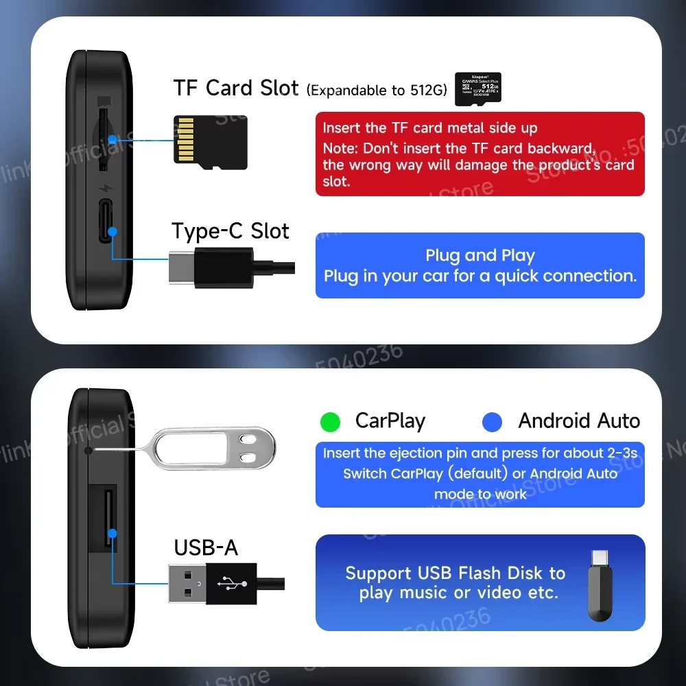 CarlinKit kotak TV pintar Carplay, adaptor 3 dalam 1 nirkabel Android Auto Quad-Core 3 + 32G kotak AI Android 10 nirkabel 2024