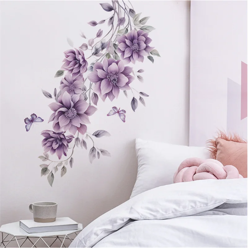 35x60cm Colorful Purple Flowers And Butterfly Wall Stickers Decorative Mural Wall Decals for Bedroom Living Room Bathroom