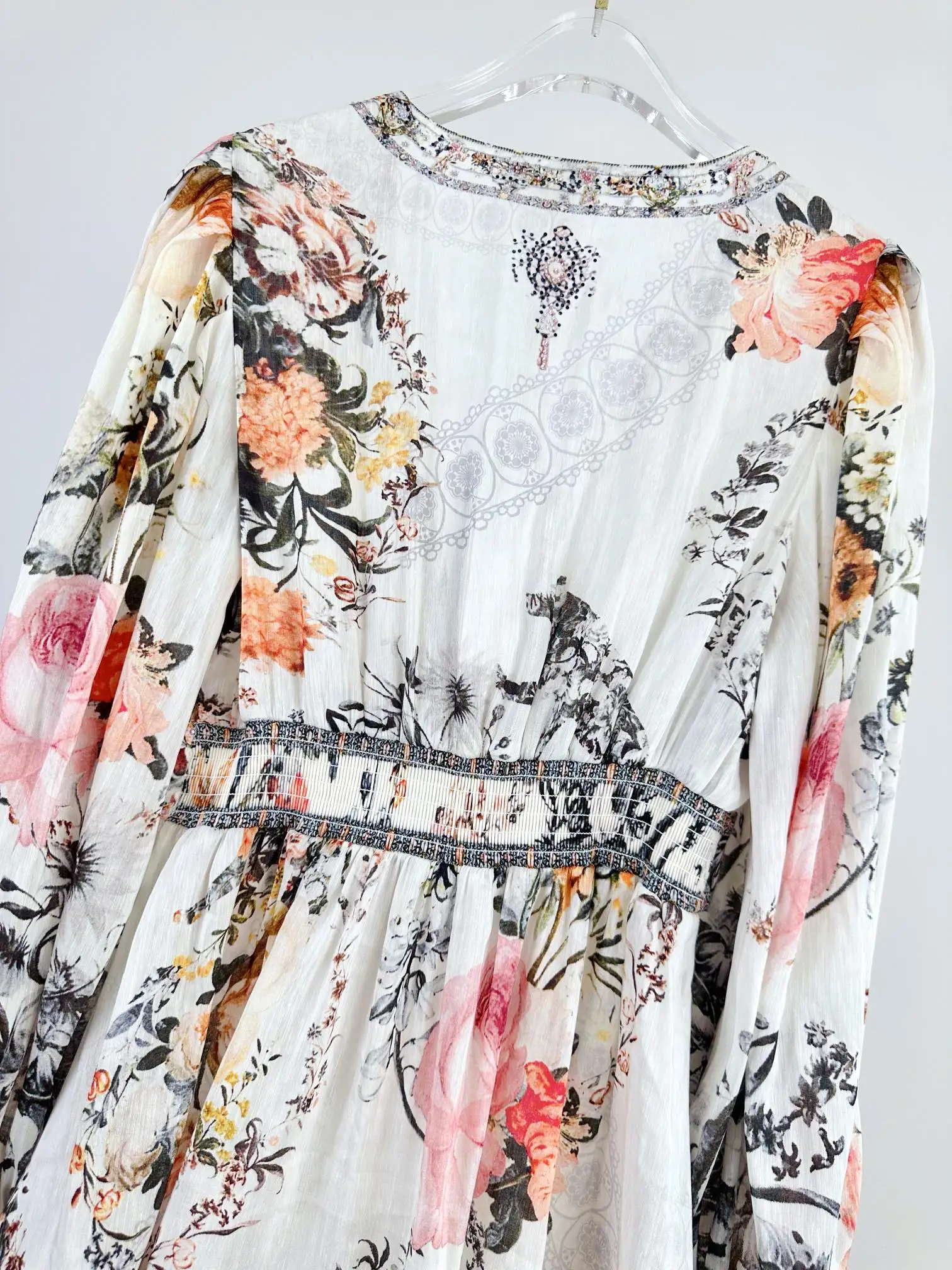 Feminino cristal frisado em camadas vestido floral impresso bordado emendado manga longa com decote em v único breasted férias mini robe