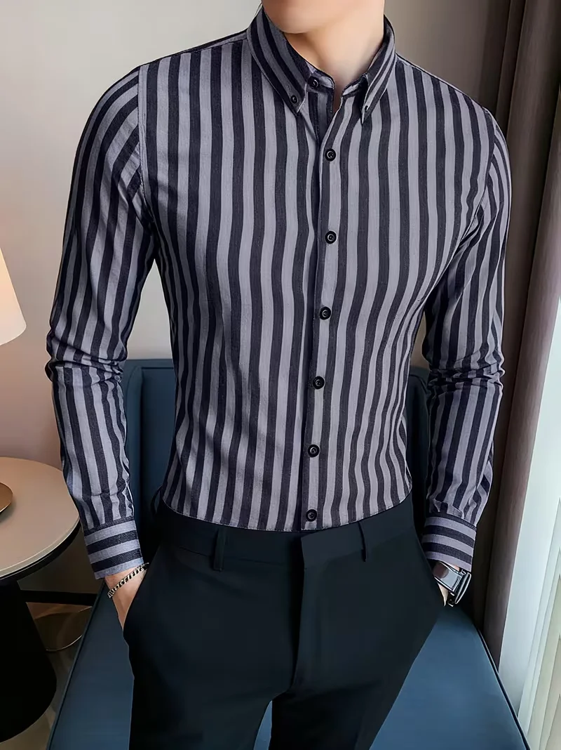 Camisa listrada masculina da moda: estilo elegante, casual e ao ar livre com mangas compridas, design de lapela e botões, macia e confortável