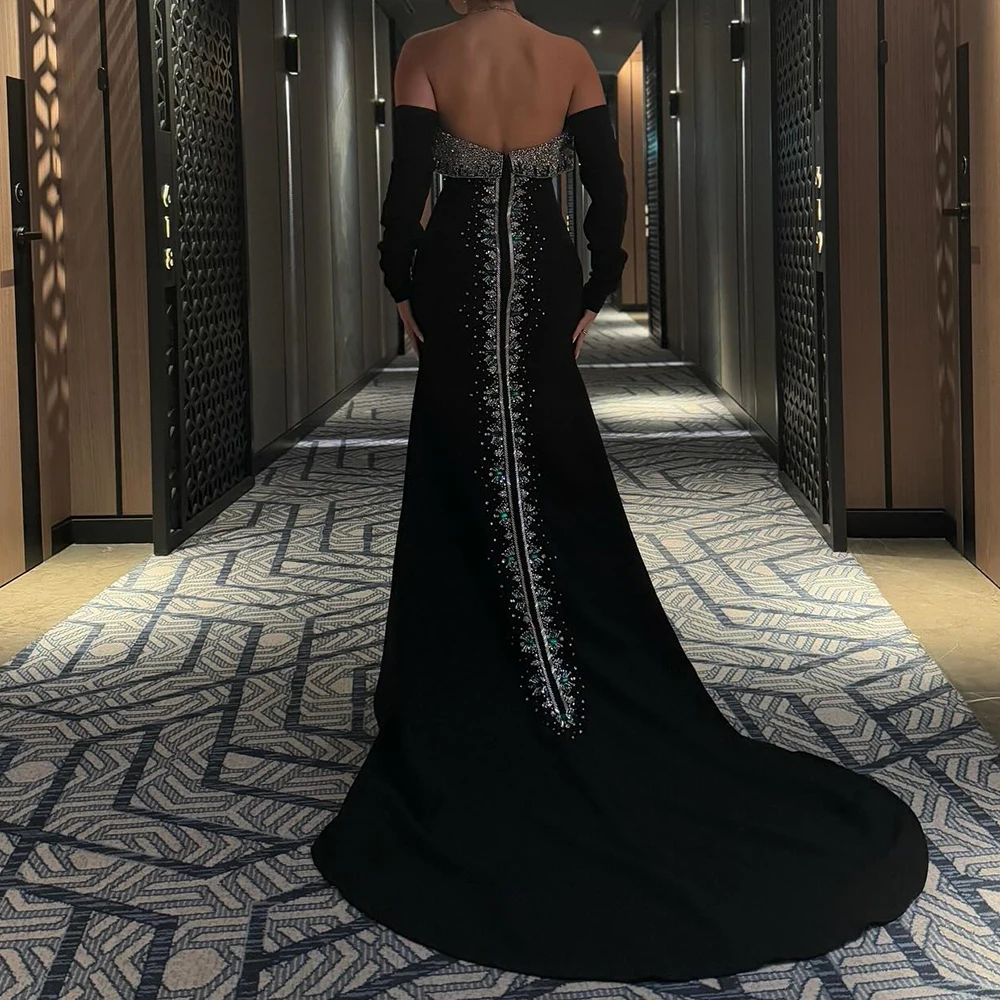 

Customized Mermaid Evening Dresses Floor-length Strapless Full Sleeve Prom Gown Fashion Backless Crystal Sequined Party Gown