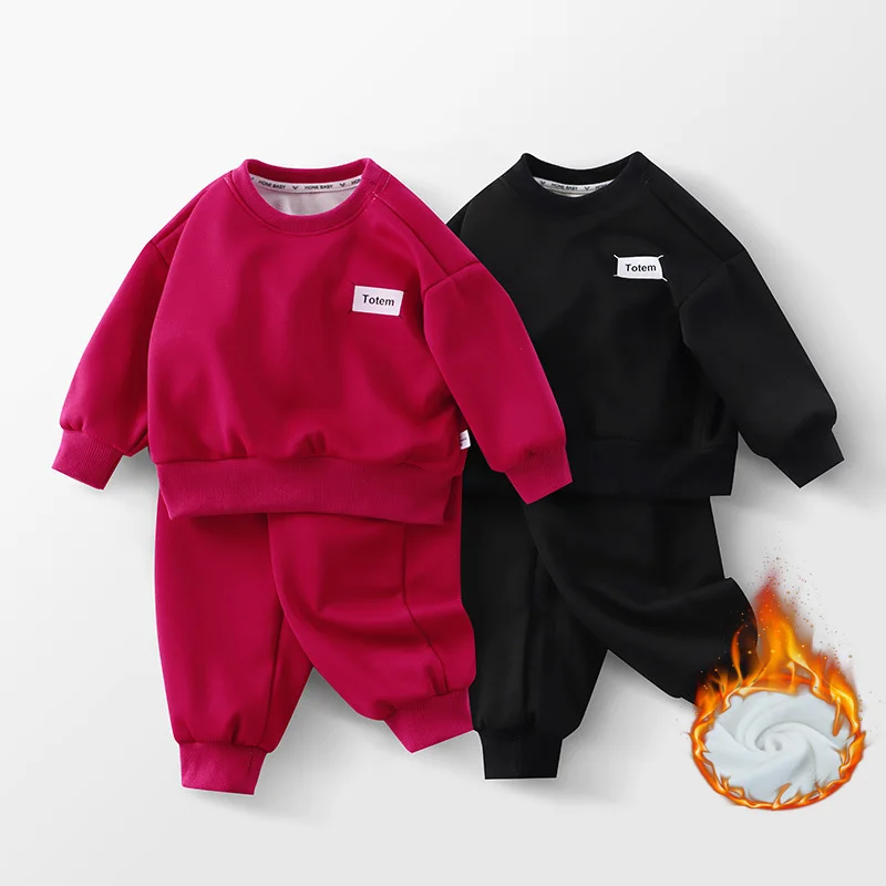 Boys Girls Fleece Sets Kids Autumn Winter Warm Suits Children Plus Velve Casual Clothes Suit Baby Sweatshirts+Pants 2Pcs Outfits