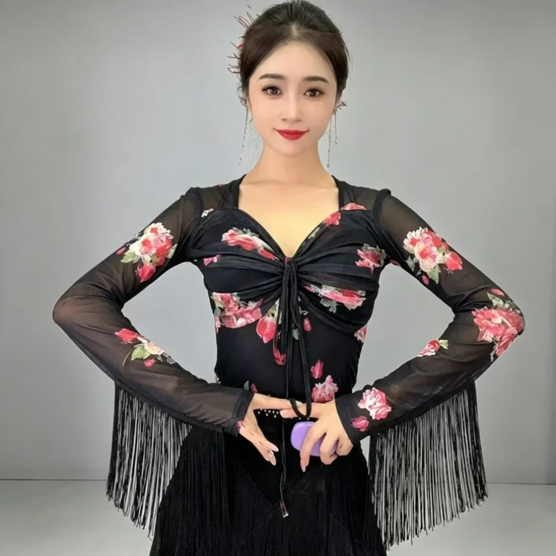 

Latin Tops Women Dance Basic Shirt Girl Dancewear Sexy Ballroom Samba Tango Flamengo Dancing Practice Costume Printing T-shirt
