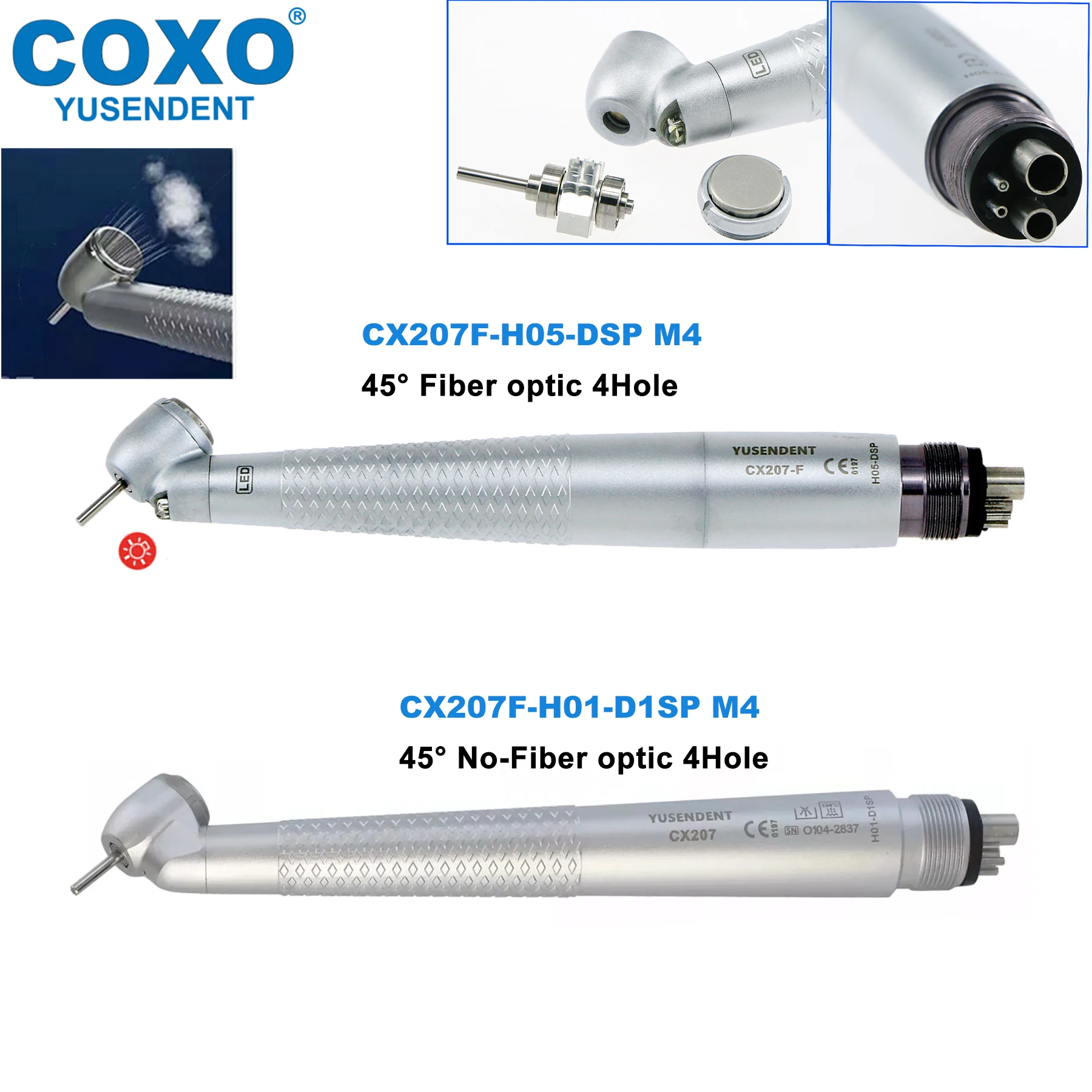 COXO Dental 45 °   Высокоскоростной наконечник со светодиодом/без светодиодной воздушной турбины, 4 отверстия CX207F H01-D1SP/CX207F H05-DSP