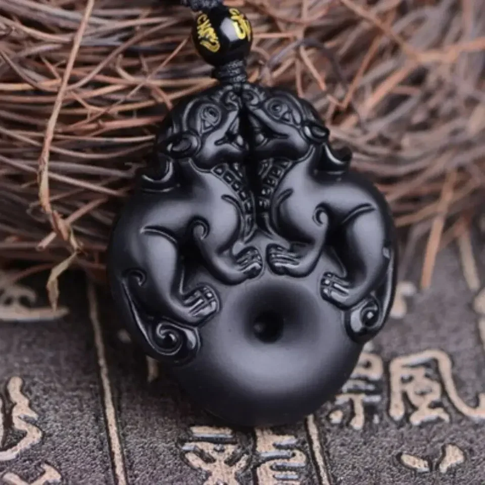 

New Obsidian Pixiu Ping An Clasp Obsidian Nostalgic Pendant Double Pixiu Pendant