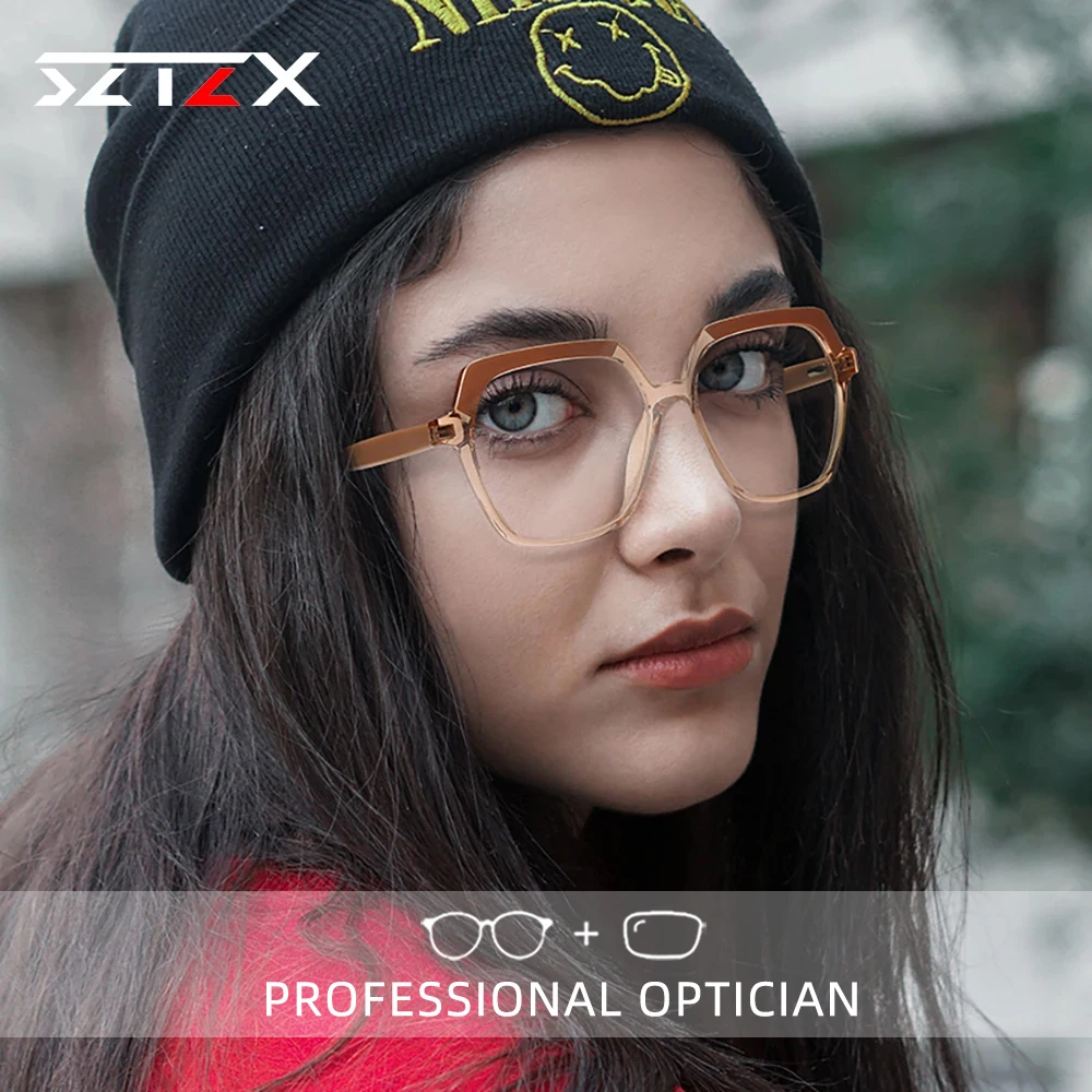 SZTZX Oversise Women Photochromic Myopia Prescription Glasses Hyperopia Reading Glasses Anti Blue Light Optical Eyeglasses Frame