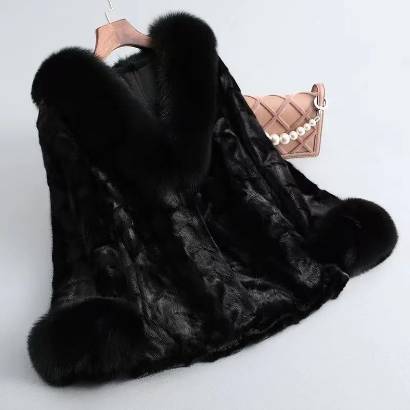 Krótki, modny płaszcz z prawdziwego futra, hit sprzedaży, damski, zimowy, nowy, z naturalnym kołnierzem z futra lisa, wysokiej jakości płaszcz z futra norek, prawdziwy płaszcz z futra norek.