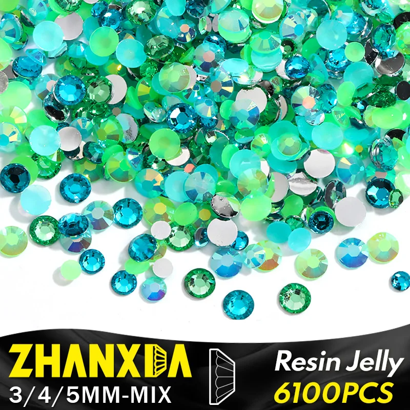 

3/4/5mm Mixed Aqua Green Ab Resin Jelly Round Flat Back Loose Rhinestones Embellishments For Crafts Diy Tumblers 6100pcs