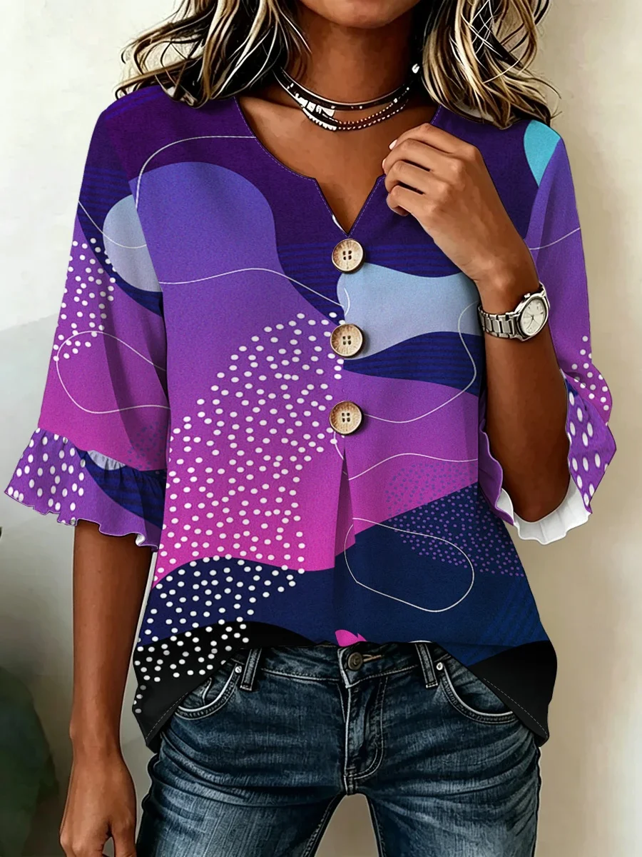 Women's Abstract Geometric Print Blouse Notch V Neck Sleeve Shirt Casual Button Decor Loose Tunic Tops