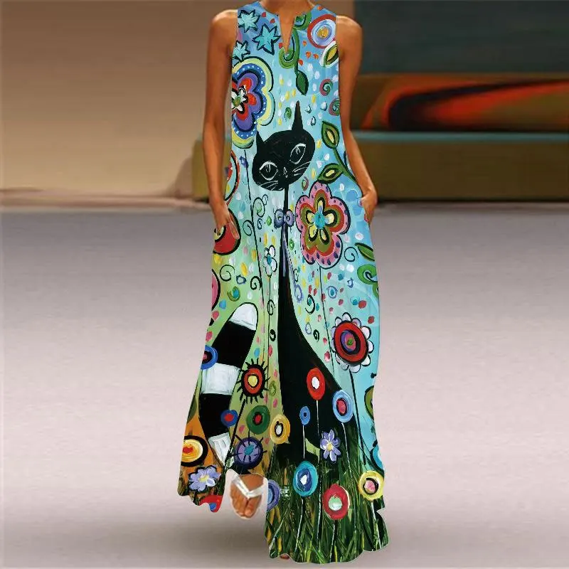 

Women's Vintage Printed Dress 2024 Summer Sexy Sleeveless V Neck Loose Tank Dresses Women's Fun Cat Printed Floor Length Dresses