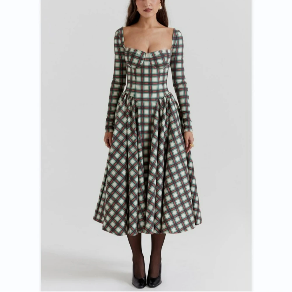 Mikydely New Sexy Plaid Long Dress Long Sleeve Skirt