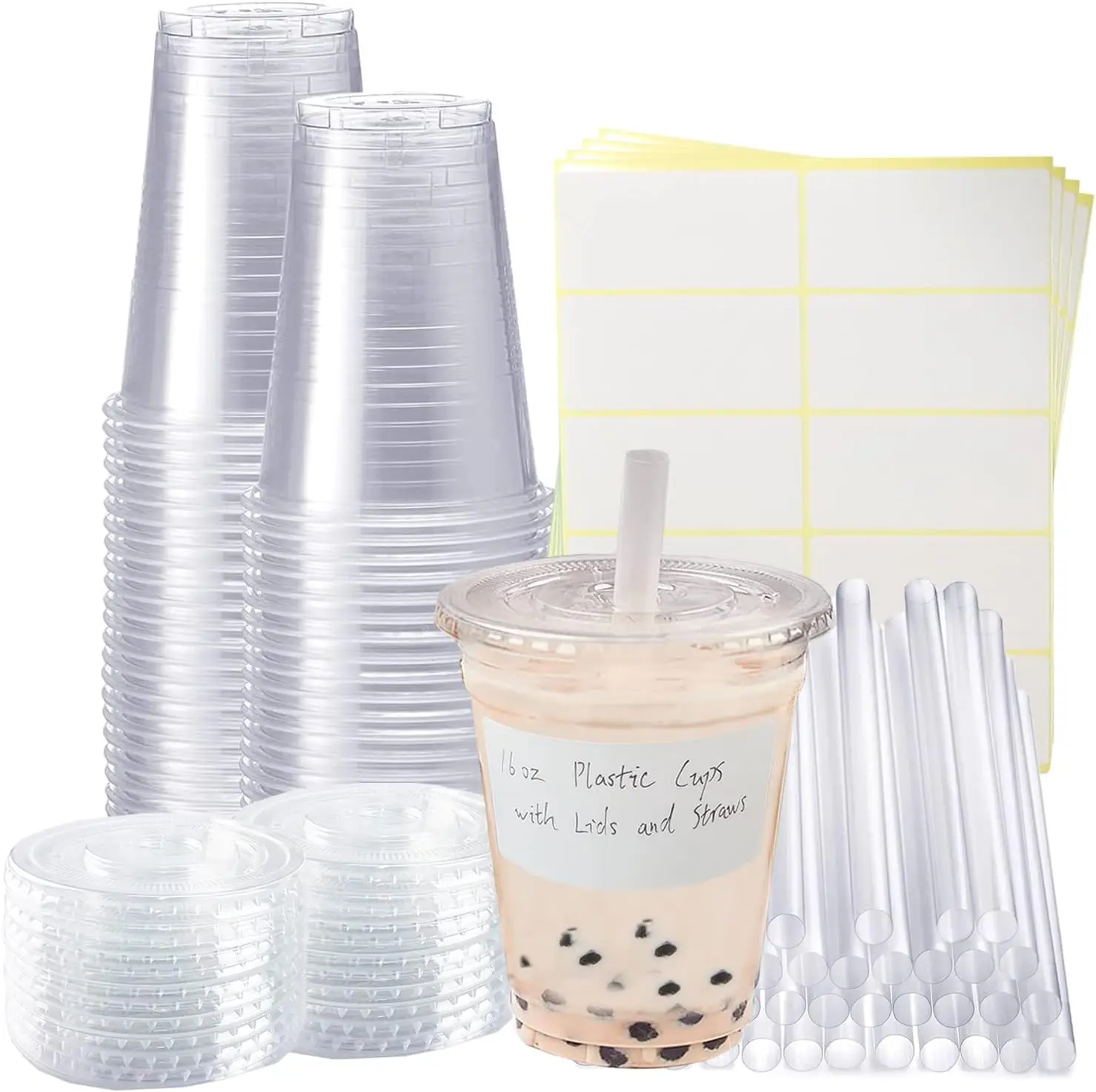 

50 Sets 16oz Clear Plastic Cups with Flat Lids, Straws & Stickers for Iced Coffee, Cold Drinks