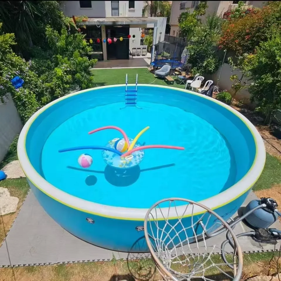 Inflatable swimming pool with a durable pvc polymer stitched construction, perfect for outdoor use