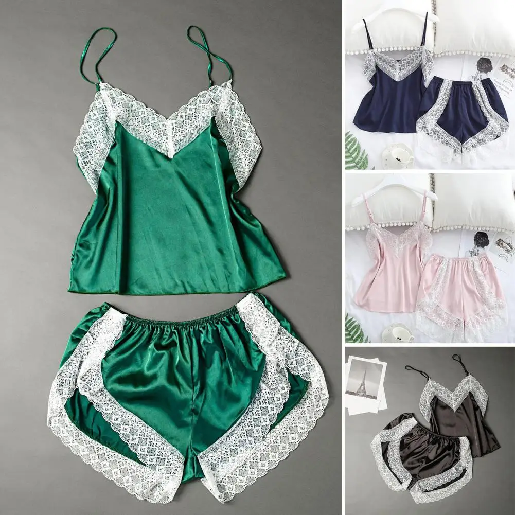 Sexy Lace Pajama Set Women 2 Piece V Neck Sleeveless Cami Tank Shorts Summer Lounge Sleepwear