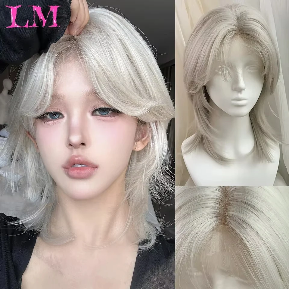 LM Synthetic Wigs Short Mullet Head Wigs with Bangs Synthetic Straight Men Black Gray Green Hair Wig for Daily Party Cosplay