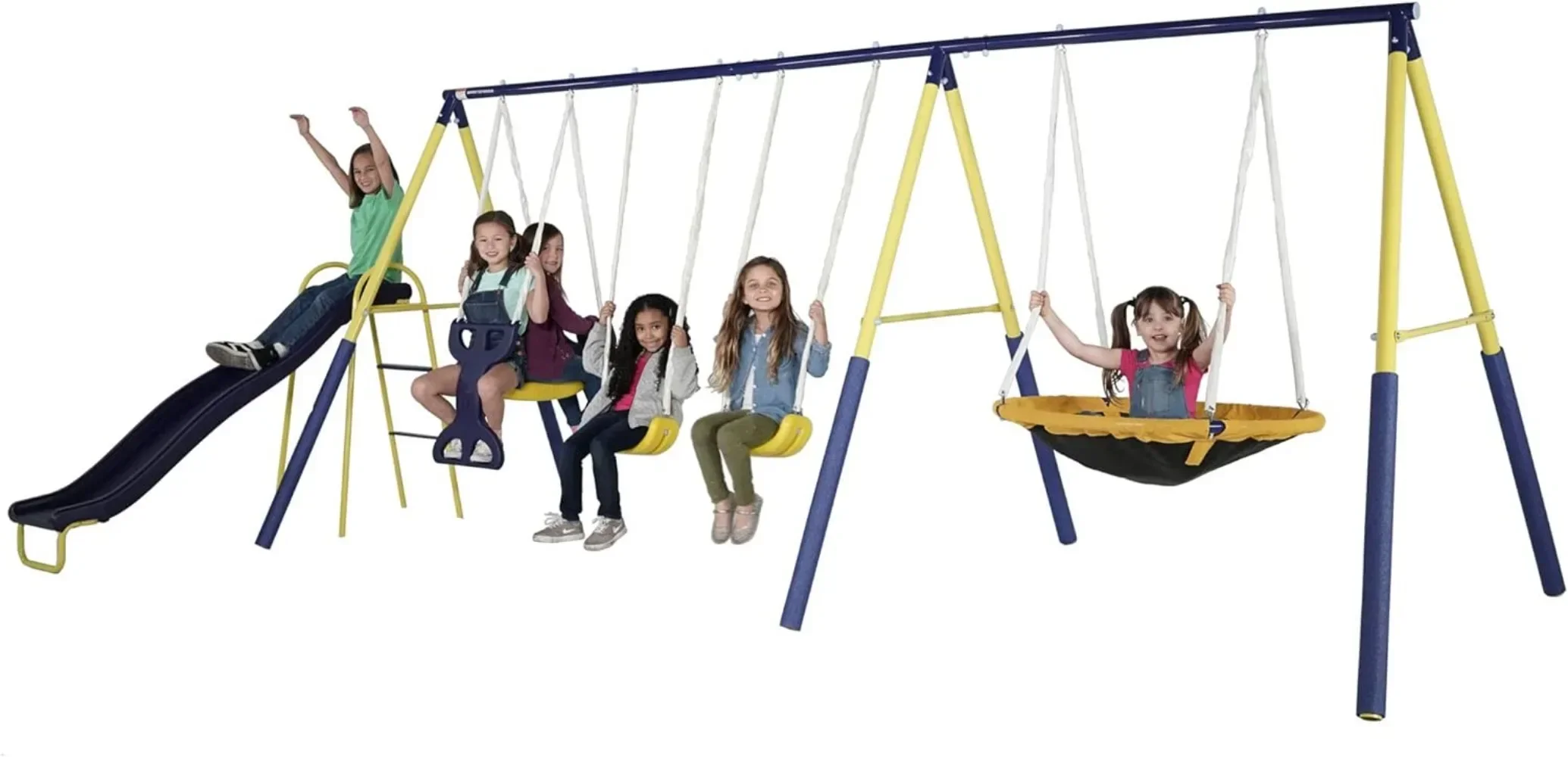 

Super Star Outdoor Kids Metal Swing Set: 2 Swings, 1 Flying Saucer, 1 Glider, 1 Wavy Slide - Exceeds ASTM Standards