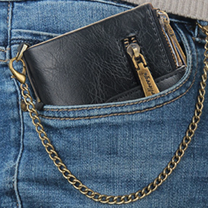 Men Casual Tri-Fold Wallet Fashion Mini Card Holder Cash Wallet with Chain New Design Male Short Key Chain Wallet