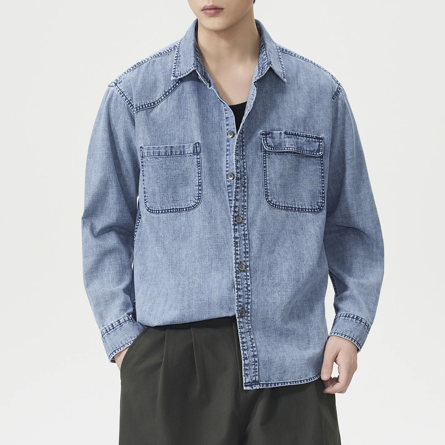 

Japanese Korean Streetwear Cargo Jeans Shirts Men Fashion Vintage Long Sleeve Loose Casual Denim Shirt