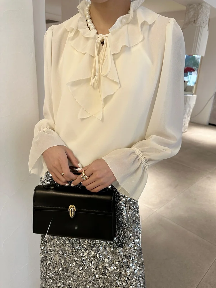 

Эффектная шифоновая блузка с кружевным подолом и расклешенными рукавами для женщин, модная, для офиса, из полиэфирного волокна