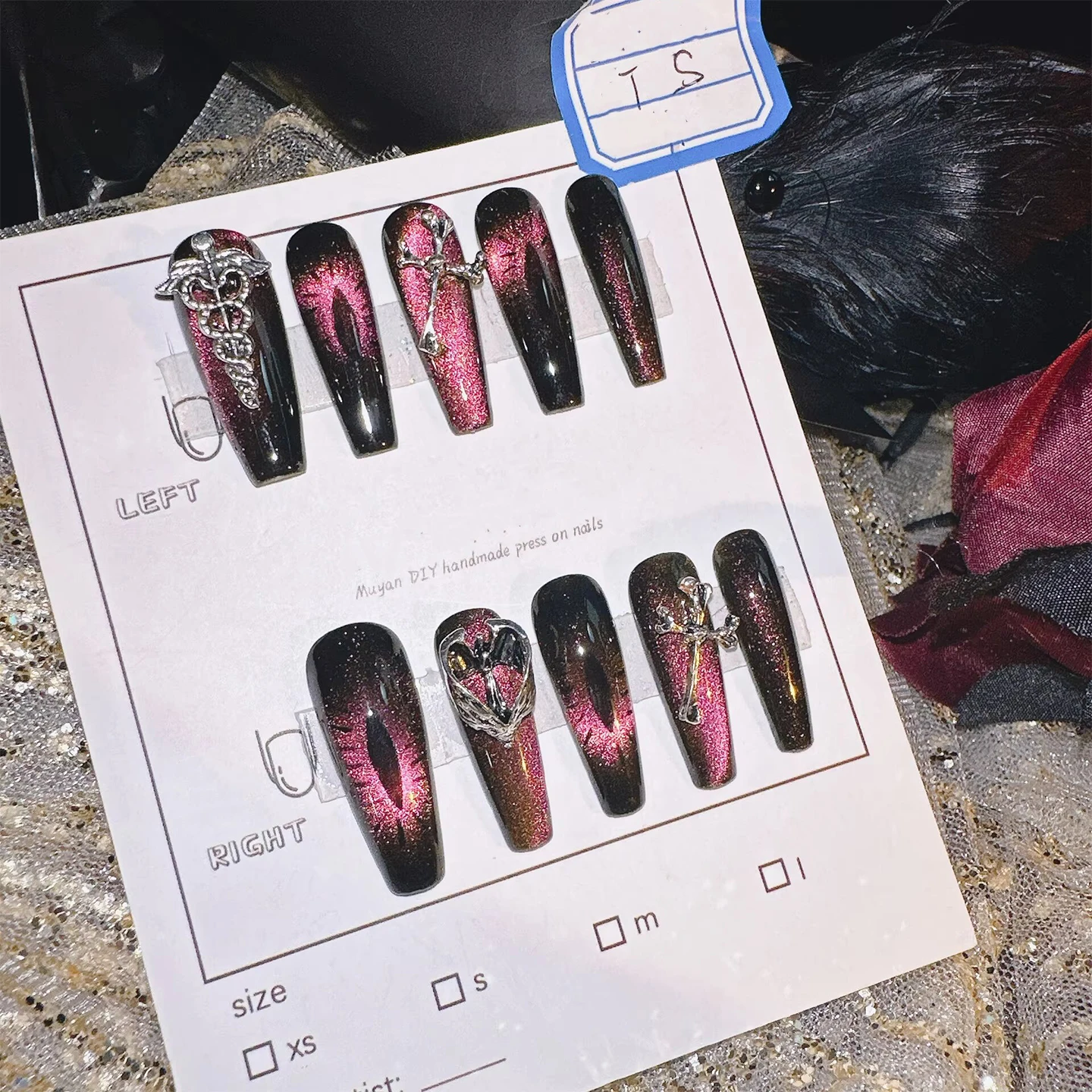 Blood Eye Dark Gothic Press On Nails Extra Long Coffin Black Red Cat-Eye Gradient 3D Cross Snake Charms Heavy Duty Handmade Nai