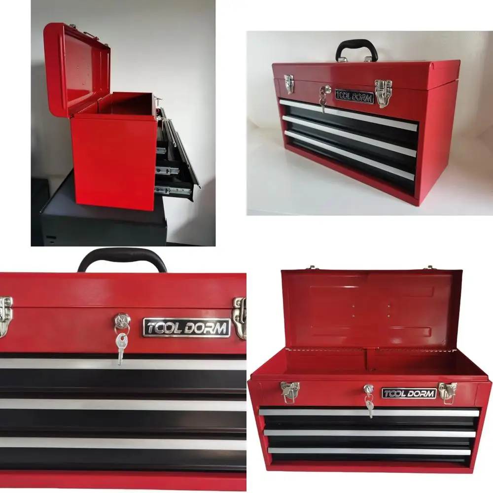 

Portable 3-Drawer Steel Toolbox with Protective Liner, Latch, and Lock for Garage, Home, and Warehouse Use (Red & Black)