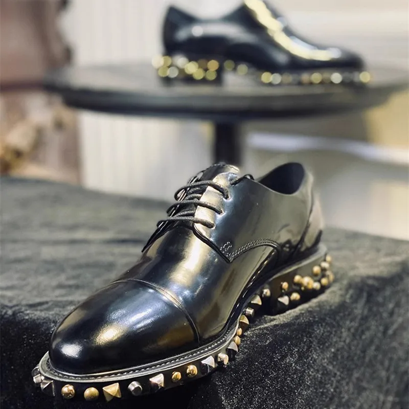 Spring/Summer Pure Black Handmade Rivet Lace up Leather Shoes Banquet Dress Square Heel Elevated Large and Small Men\'s Shoes