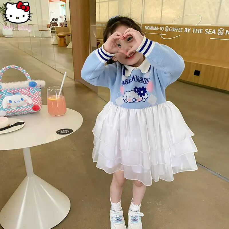 

Новое осеннее детское платье-свитер с мультяшным принтом Cinnamoroll, Sanrio, аниме, кавайное, для девочек, модное, синее, с отложным воротником, в стиле принцессы, для косплея