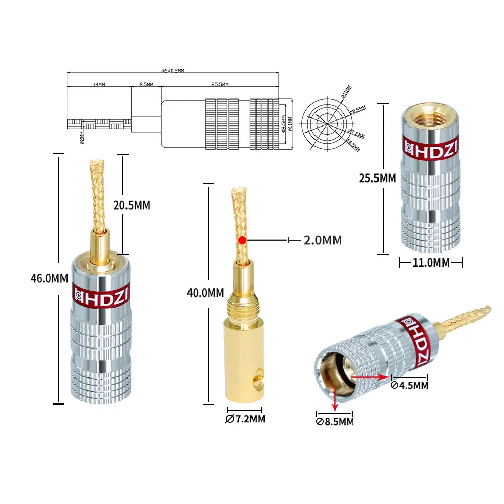 HHDZI 4MM Flex Pin wtyki bananowe pleciony drut Adapter wtyki bananowe głośnikowego do przewodów głośnikowych, systemów dźwiękowych, Receivers-6PCS