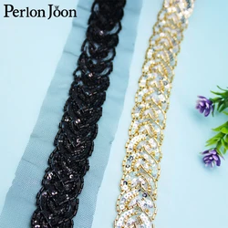 5 Yards Braid Shape Sequin Black Gold Glass Beaded Imitation Handmade Mesh Lace Trim DIY Sew Decorated for Clothing Dress HB090