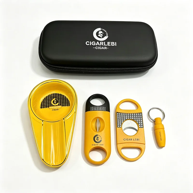 Zigarrenwerkzeug-Set (4-teilig) inklusive V-Cutter, Gerademesser, Aschenbecher und Puncher mit druckfester Aufbewahrungsbox, Zigarrenzubehör
