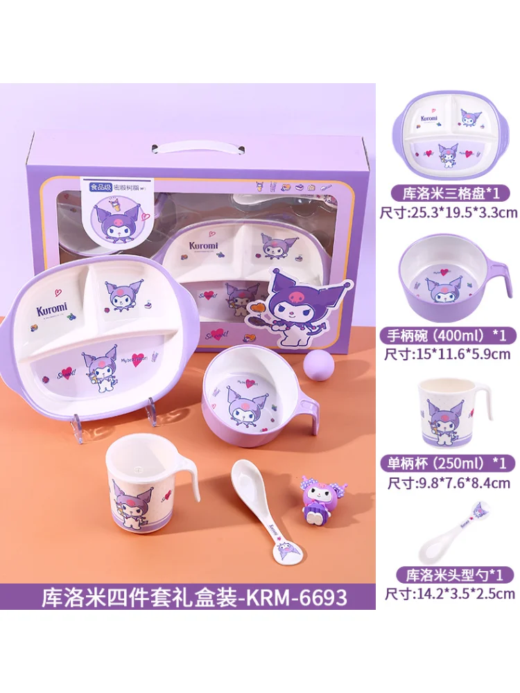 

4-Pcs Set Gift Box Hello Kitty Kuromi Children's Tableware Kawaii Soup Bowl Fruit Dish Water Cup Spoon Sanrio Kitchen Supplies