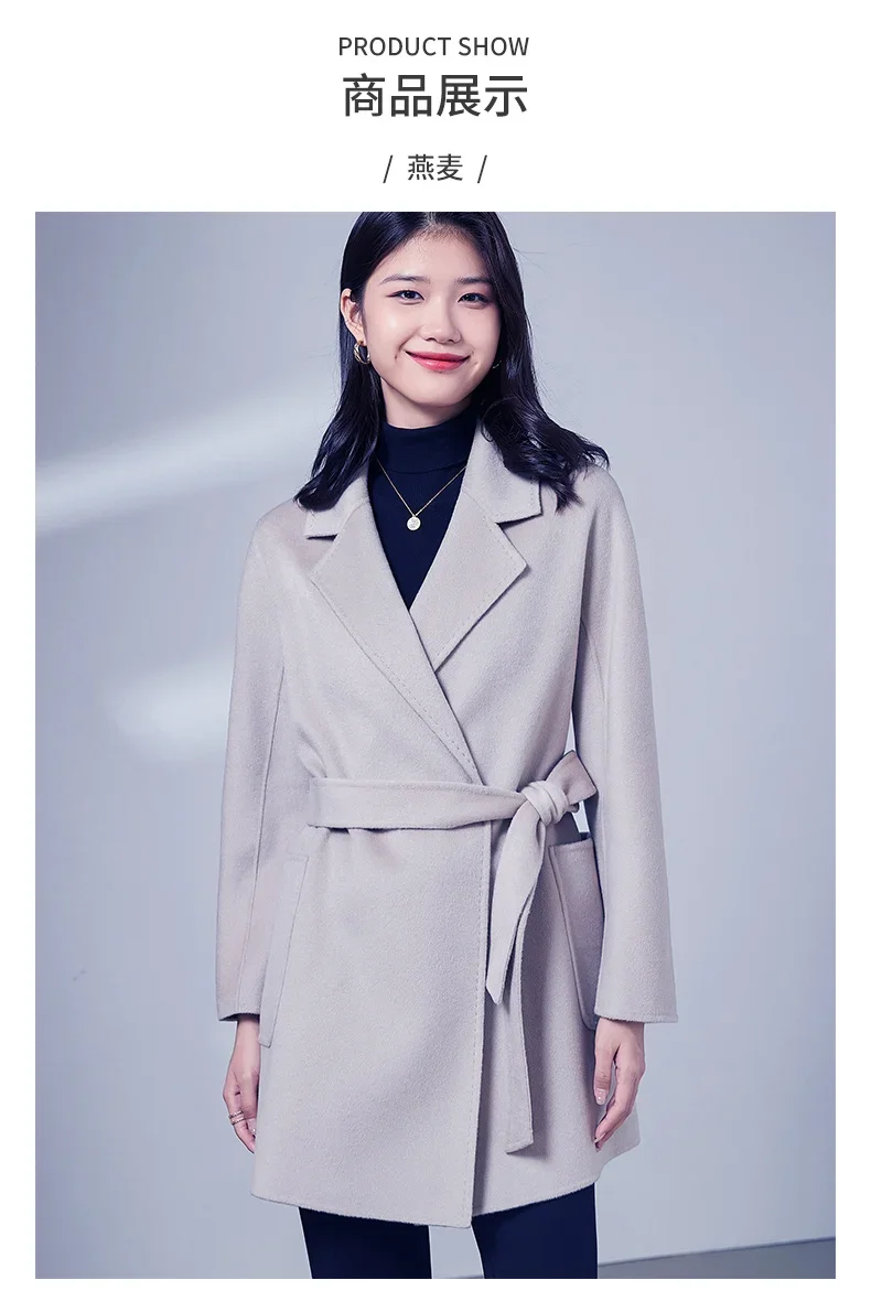 Thigh-Length Coat 100% Cashmere Overcoat Handmade Turn-down Collar Belt Dense Fabric Notch Lapel Autumn Winter Jacket