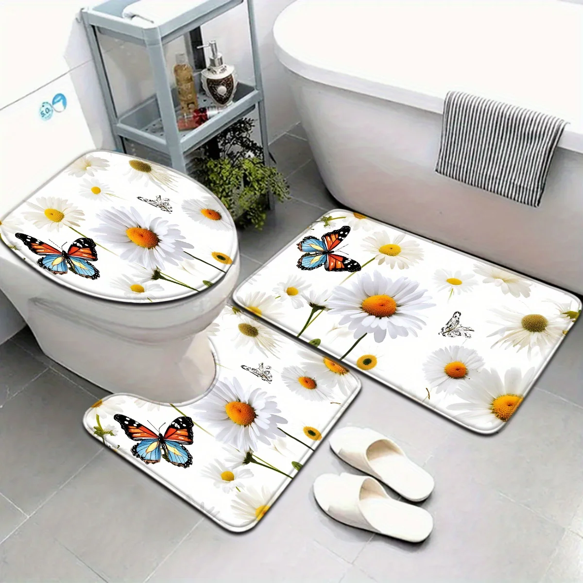 

Открытый 3 шт., скандинавский стиль, цветочная серия, белая ромашка, бабочка, набор ковриков для ванной комнаты, кольцо на сиденье для унитаза, U-образная подставка для ног