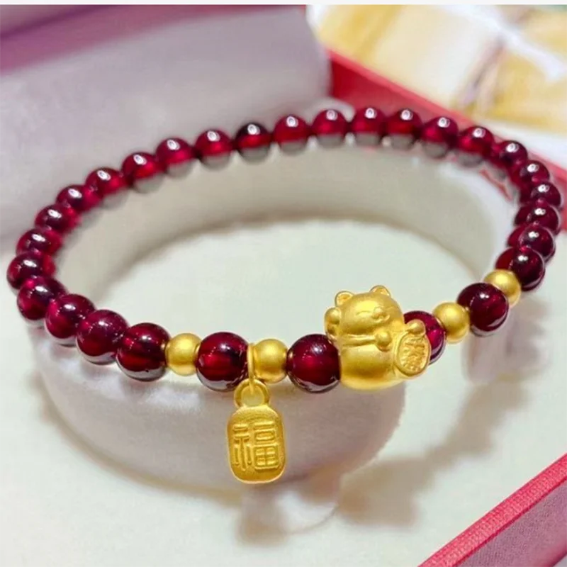 Pure Gold Bracelet For Women Red Garnet Bead 6mm with Small Gold 4mm Beads Real 24k Yellow Gold Luck Cat Elastic String