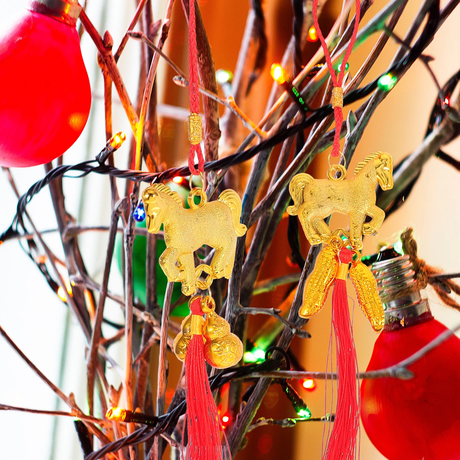 6 pçs ano novo chinês pendurado ornamentos ma ano vermelho borla charme feng shui boa sorte pingente riqueza decoração