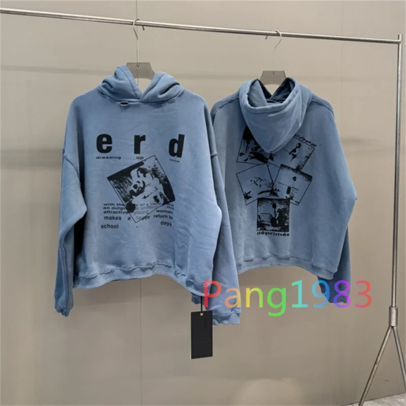 Illustration Vintage Washed ERD Hoodie Men Women 1:1 High Quality Lake Blue Hooded Sweatshirt Streetwear Pullover