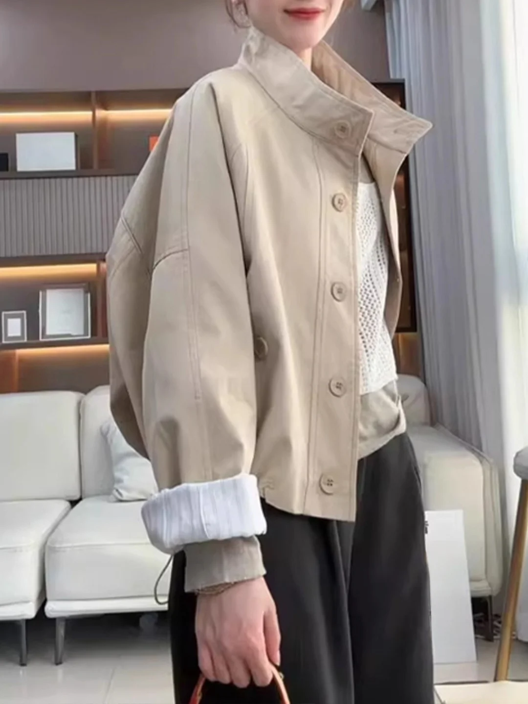 

Women's Stand Collar Jaet Coat Spring Autumn Loose Design Stripe Faion Outerwear Top Button Long Sve Slimming Effect