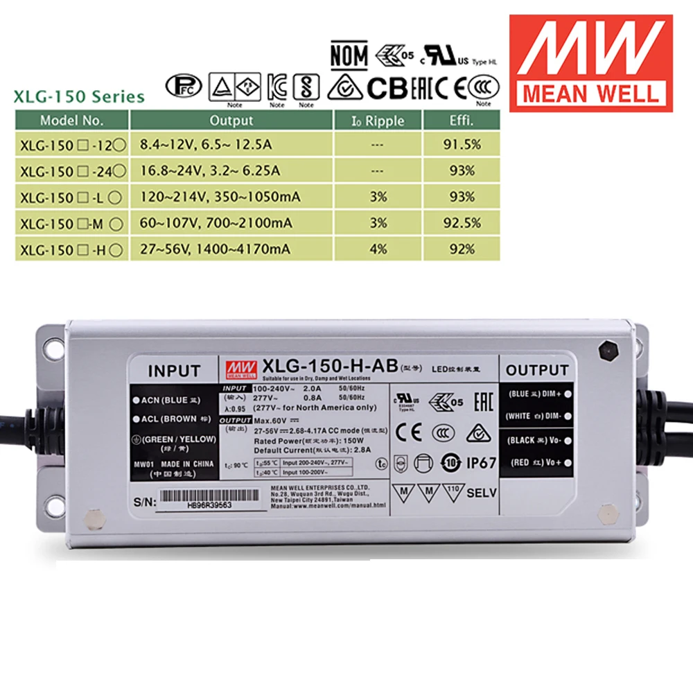 MEAN WELL XLG-150 12V 24V 27-56V 2700mA 1400mA 2800mA constant power LED driver IP67 150W adjustable power Supply XLG-150-H-AB