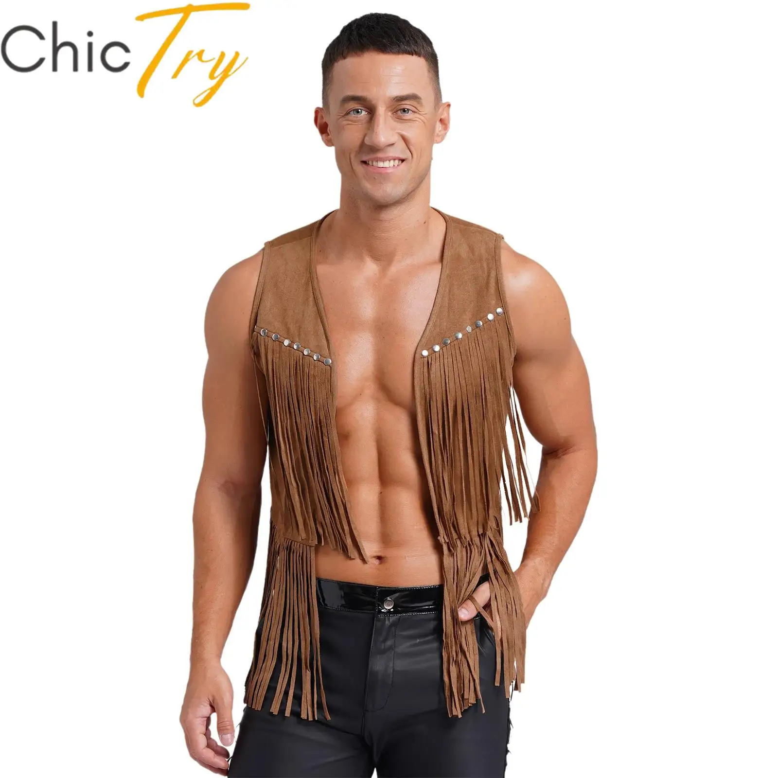 

Men's Western Cowboy Costume Fringe Waistcoat Faux Suede Sleeveless Vest Halloween Cosplay Roleplay Outfits Open Front Jacket